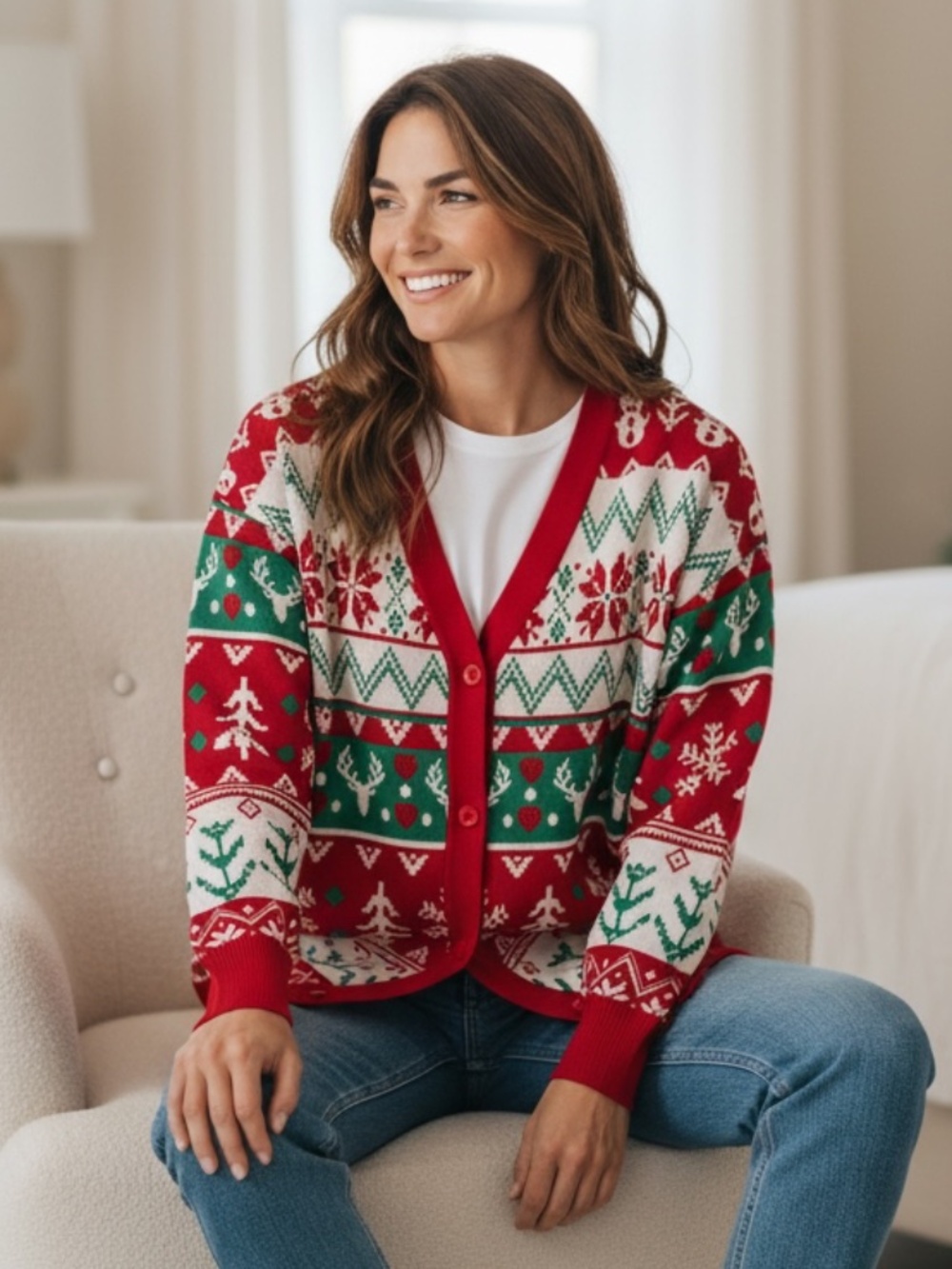 EUC Jouica Oversized Christmas Patterned V-Neck Cardigan Sweater Size Medium